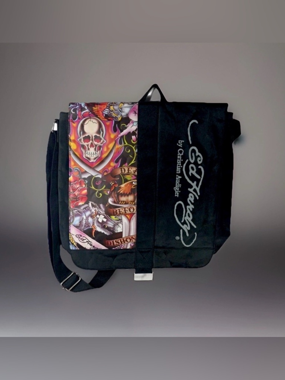 Ed Hardy Christian Audigier Y2K Skull Messenger Bag Black Crossbody